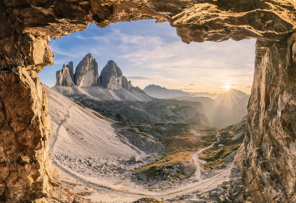 glimpse on the Tre Cime di Lavaredo from a war cave, sexten dolomites, south tyrol, italy europe