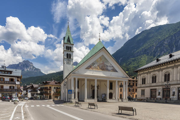 Santo Stefano di Cadore, the main square, Comelico, Dolomites, Belluno, Veneto, Italy