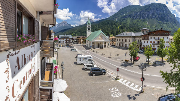 Santo Stefano di Cadore, the main square, Comelico, Dolomites, Belluno, Veneto, Italy