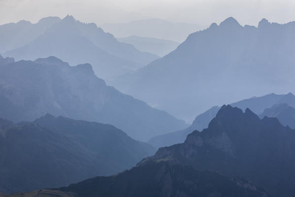 View from Marmolada towards Fassa valley, Dolomites, Trentino Alto Adige, Italy