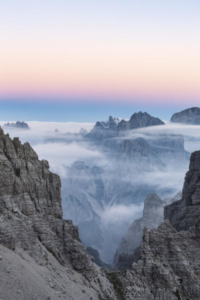 A view beyond the fork Cimoliana, Val Montanaia, Friulian Dolomites, Cimolais, Pordenone, Friuli Venezia Giulia, Italy