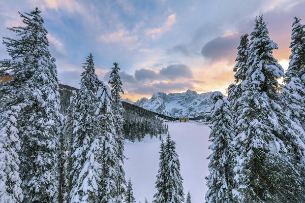 winter landscape of Misurina at sunset with Dolomites on background, Auronzo di Cadore, Belluno, Veneto, Italy