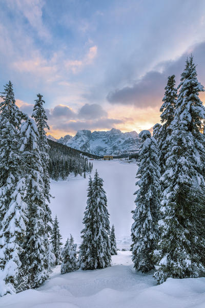 winter landscape of Misurina at sunset with Dolomites on background, Auronzo di Cadore, Belluno, Veneto, Italy
