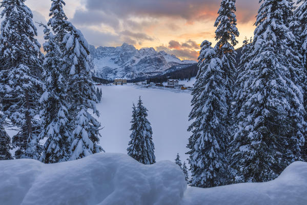 winter landscape of Misurina at sunset with Dolomites on background, Auronzo di Cadore, Belluno, Veneto, Italy