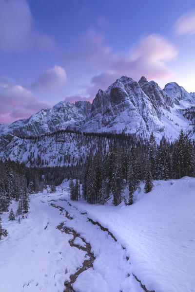 Sorapis peaks with Rudavoi stream in winter, Cortina d'Ampezzo, Belluno, Veneto, Italy
