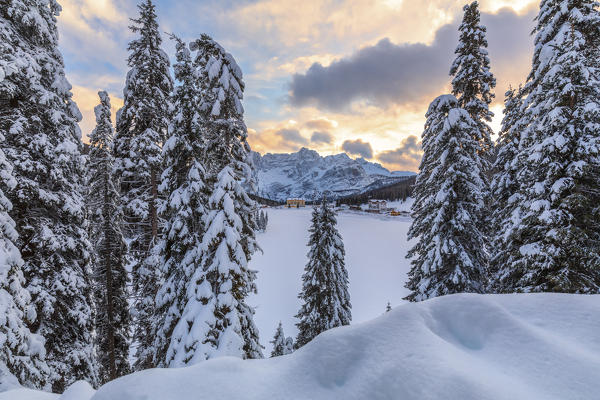 winter landscape of Misurina at sunset with Dolomites on background, Auronzo di Cadore, Belluno, Veneto, Italy