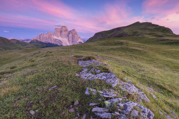 natural alpine landscape at dusk, mondeval with mount pelmo in the background, san vito di cadore, belluno, veneto, italy