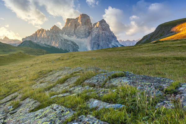 natural alpine landscape, mondeval with mount pelmo in the background, san vito di cadore, belluno, veneto, italy