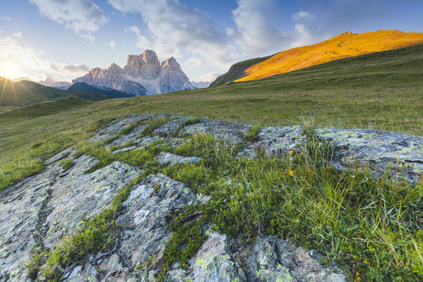 natural alpine landscape, mondeval with mount pelmo in the background, san vito di cadore, belluno, veneto, italy