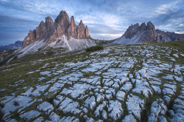 Tre Cime di Lavaredo and Croda di Passaporto seen on the south side, Auronzo di Cadore, Belluno, Veneto, Italy