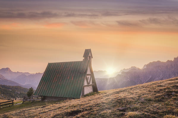 the small chapel at Passo Giau in Dolomites, dedicated to St. John Guadalberto, Colle Santa Lucia, Belluno, Veneto, Italy