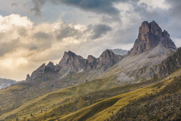 mountain range of Croda Negra and Averau as seen from Giau pass, Dolomites, Colle Santa Lucia, Belluno, Veneto, Italy