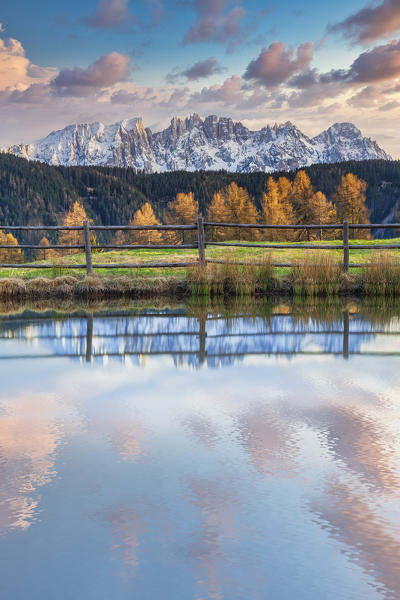 Latemar at sunset, view from the Wuhn lake,  Tierser Tal, South Tyrol, Dolomites, Italy