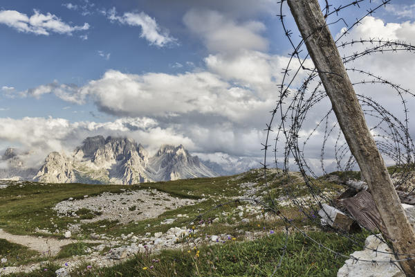barbed wire between the trenches of the First World War on the Monte Piana, Sexten Dolomites, Auronzo di Cadore, Belluno, Veneto, Italy