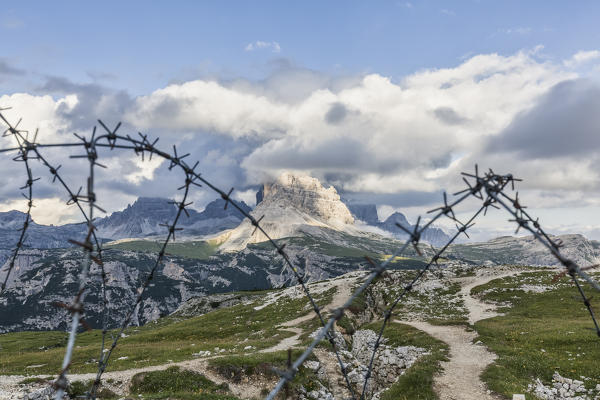 barbed wire between the trenches of the First World War on the Monte Piana, Sexten Dolomites, Auronzo di Cadore, Belluno, Veneto, Italy