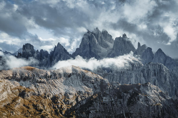 the Cadini di Misurina group, evening of sun and clouds, Dolomites, Auronzo di Cadore, Belluno, Veneto, Italy