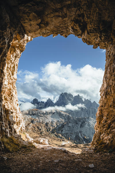 the Cadini di Misurina group seen from a war cave at the foots of the Tre Cime di Lavaredo, Dolomites, Auronzo di Cadore, Belluno, Veneto, Italy