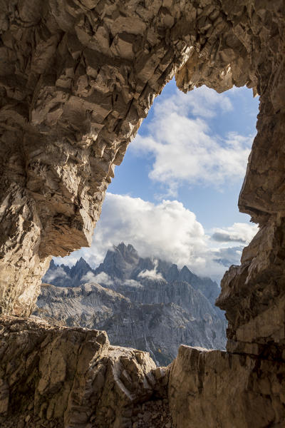 the Cadini di Misurina group seen from a war cave at the foots of the Tre Cime di Lavaredo, Dolomites, Auronzo di Cadore, Belluno, Veneto, Italy