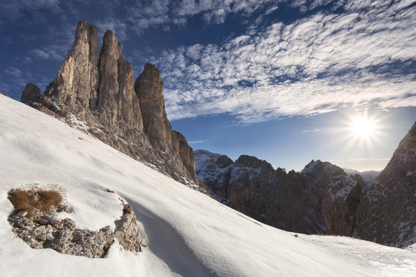 Europe, Italy, Trentino Alto Adige. The towers of Vajolet in winter look, Catinaccio-Rosengarten group. Dolomites