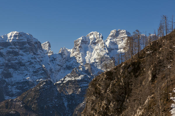 Europe, Italy, Veneto, Belluno. Monti del Sole, the Stornade and the Feruch snow capped, seen from the side of Val Clusa, Belluno Dolomites National Park.