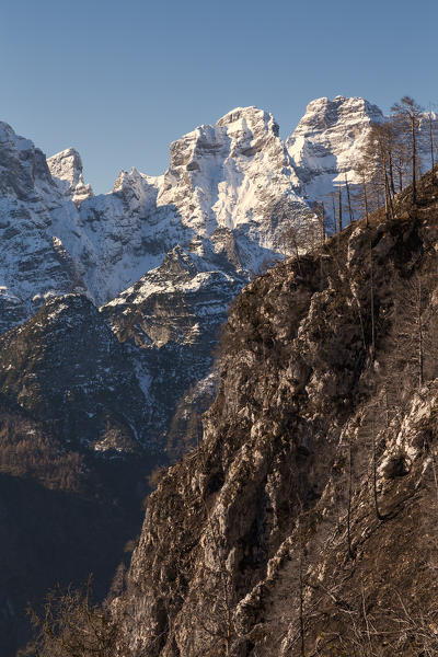 Monti del Sole, the Stornade and the Feruch snow capped, seen from the side of Val Clusa, Belluno Dolomites National Park.