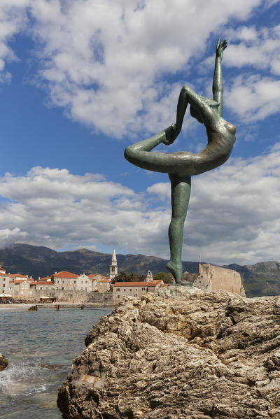 The statue of the dancer on the rocks of Budva, Montenegro