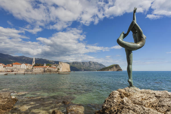 The statue of the dancer on the rocks of Budva, Montenegro