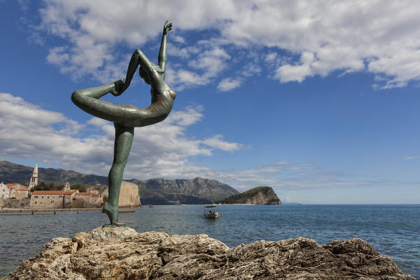 The statue of the dancer on the rocks of Budva, Montenegro