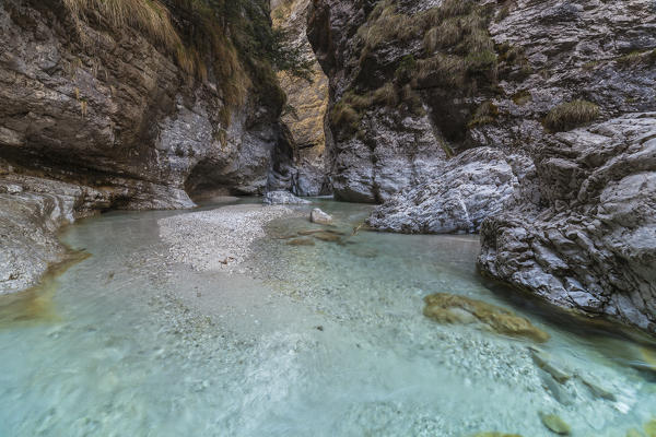 Dolomites, Belluno, Veneto, Italy. Turquoise water in Val Soffia, Mis valley