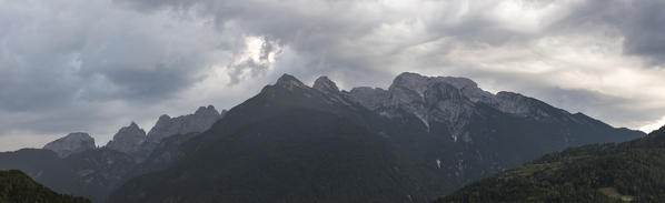Italy, Veneto, Belluno, Dolomites. View of Monti del Sole and Piz de Mezodi as seen from Agordo