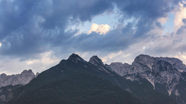 Italy, Veneto, Belluno, Dolomites. View of Monti del Sole and Piz de Mezodi as seen from Agordo