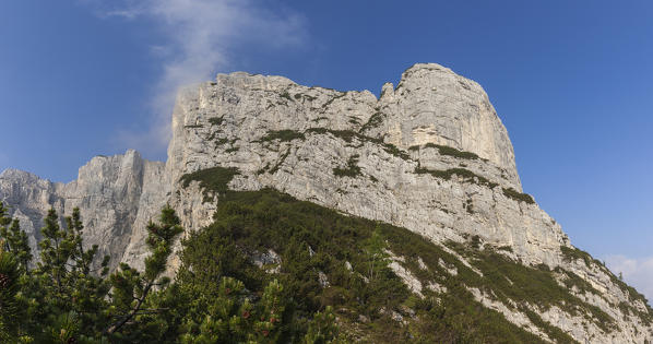 Europe, North Italy, Veneto, Belluno, Monti del Sole, Dolomites. Piz de Mezodi e Zima de la Cros as seen from Bus de le Neole fork