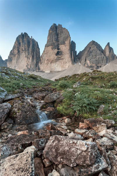 Europe, Italy, Veneto. The Three Peaks ( Drei Zinnen) of Lavaredo from Grava Longia, Auronzo di Cadore, Belluno, Dolomites