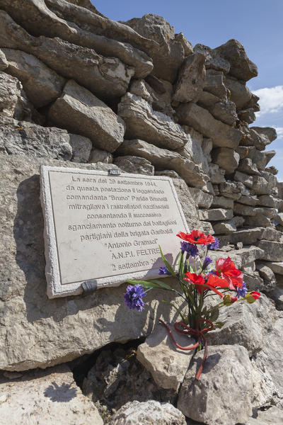 Europe, Italy, Veneto, Belluno. Military memorial stone at passo Pietena, Vette Feltrine, Belluno Dolomites National Park