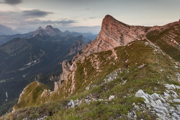 Europe, Italy, Veneto, Belluno. Mount Ramezza at sunset and the Sass de Mura in the background. Dolomites, Belluno Dolomiti National Park, Vette Feltrine