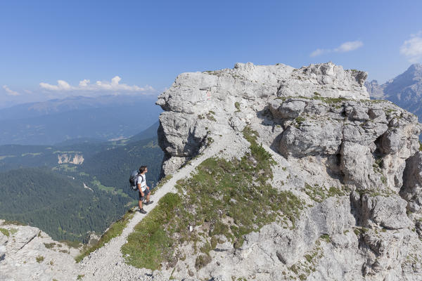Europe, Italy, Veneto, Belluno Dolomites National Park. Very spectacular step on the ridges of Sasso di Scarnia in the equipped section, Vette Feltrine