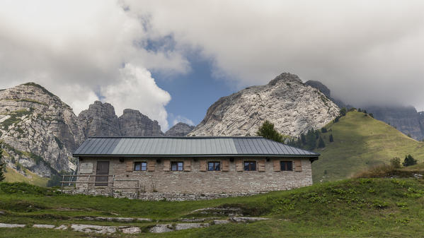 Europe, Italy, Veneto, Belluno. The winter bivouac of the Boz alpine hut in the Cimonega group, Cesiomaggiore, Dolomites, Belluno Dolomiti National Park
