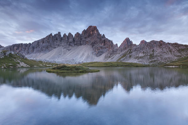 Europe, Italy. Laghi dei Piani (Bodenseen) and Mount Paterno at dawn, Sesto Dolomites, South Tyrol