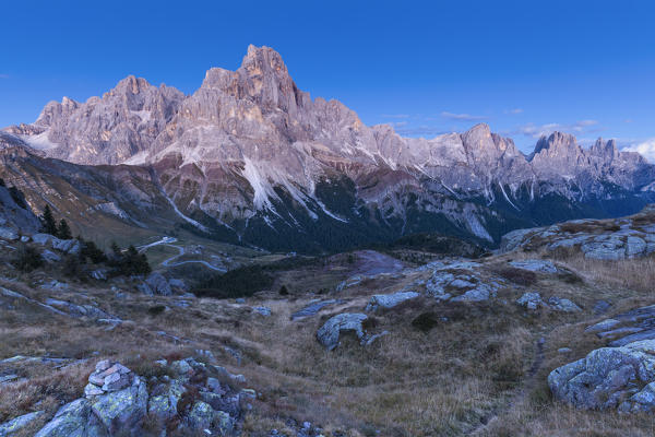 Europe, Italy, Trentino, Trento, Rolle pass. Pale di San Martino at dusk with Cimon della Pala, as seen from Cavallazza.