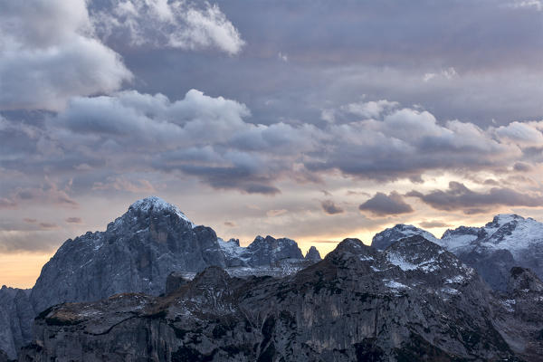 Europe, Italy, Veneto, Belluno. Mount Agner and Pale di San Lucano, Pale di San Martino on the background, Dolomites.