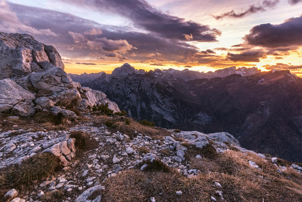 Europe, Italy, Veneto, Belluno. Landscape from Palazza Alta, Civetta goup, at sunset. Dolomites