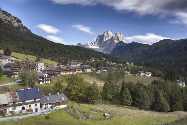 Europe, Italy, Veneto, Belluno. View of Santa Fosca, Selva di Cadore, with the mount Pelmo on the background. Dolomites