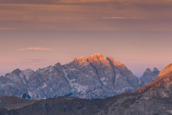 Europe, Italy, Veneto, Belluno, Cortina d' Ampezzo. The mount Cristallo at sunset, Dolomites