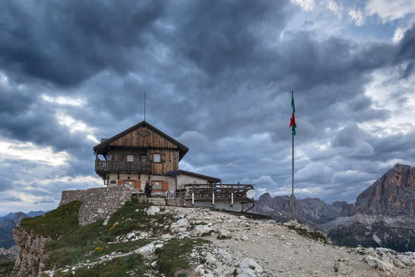 Europe, Italy, Veneto, Belluno, Cortina d Ampezzo. The hut Nuvolau on the summit of  Nuvolau, Cortina d'Ampezzo, Dolomites