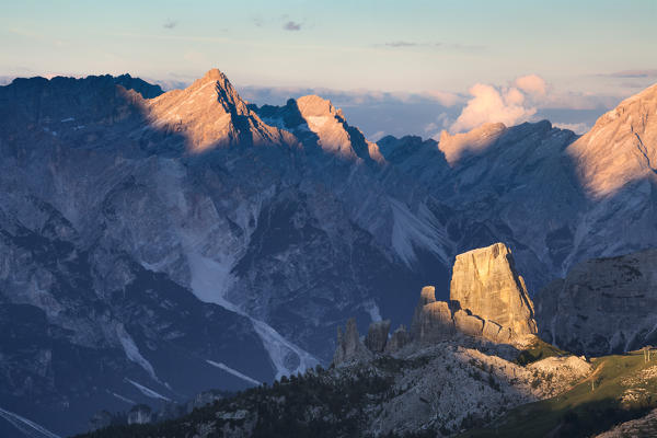 Europe, Italy, Veneto, Belluno, Cortina d Ampezzo. The Cinque Torri at sunset, Dolomites