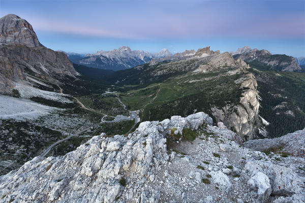 Europe, Italy, Veneto, Belluno, Cortina d Ampezzo. Aerial view on the Falzarego pass at dusk, Dolomites