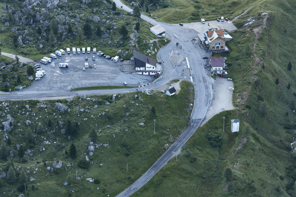 Europe, Italy, Veneto, Belluno, Cortina d Ampezzo, Dolomites. Aerial view on the Falzarego pass.