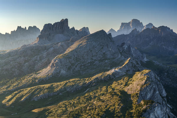 Europe, Italy, Veneto, Belluno, Cortina d Ampezzo, Dolomites. 
Panorama towards the Croda da Lago, Averau Nuvolau and Pelmo. In the foreground the Croda Negra. Dolomites