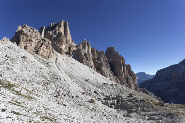 Europe, Italy, Veneto, Belluno, Cortina d Ampezzo. 
View towards the Gran Lagazuoi and Fanes from Travenanzes fork, Dolomites