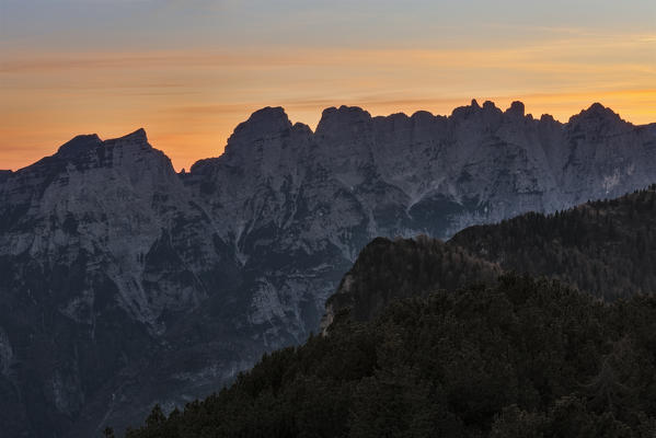 Europe, Italy, Veneto, Belluno. Sunrise on the Monti del Sole, Belluno Dolomites National Park.